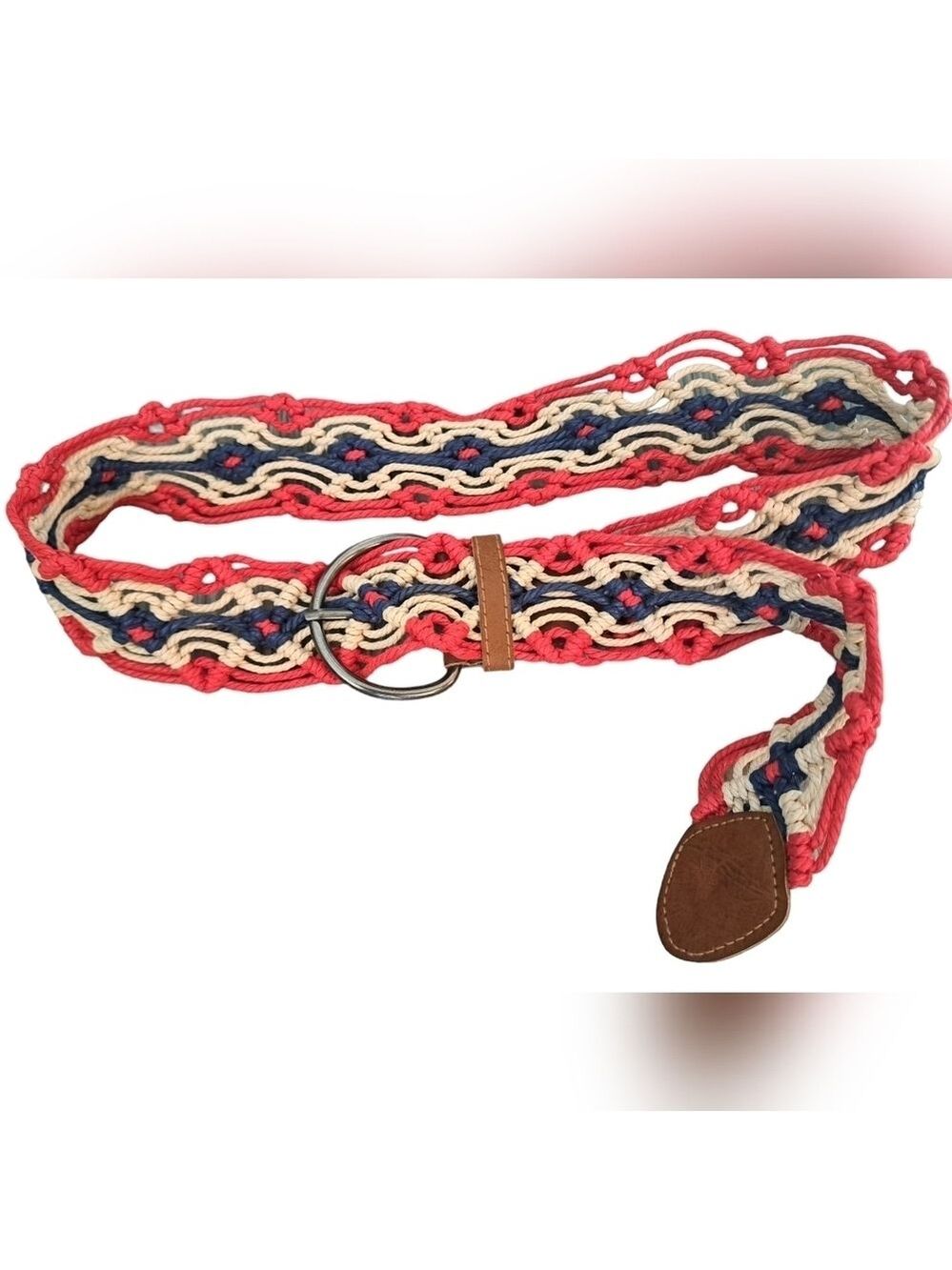 Ladies weaved braided rope belt coastal southwestern aztec red blue adjustable L